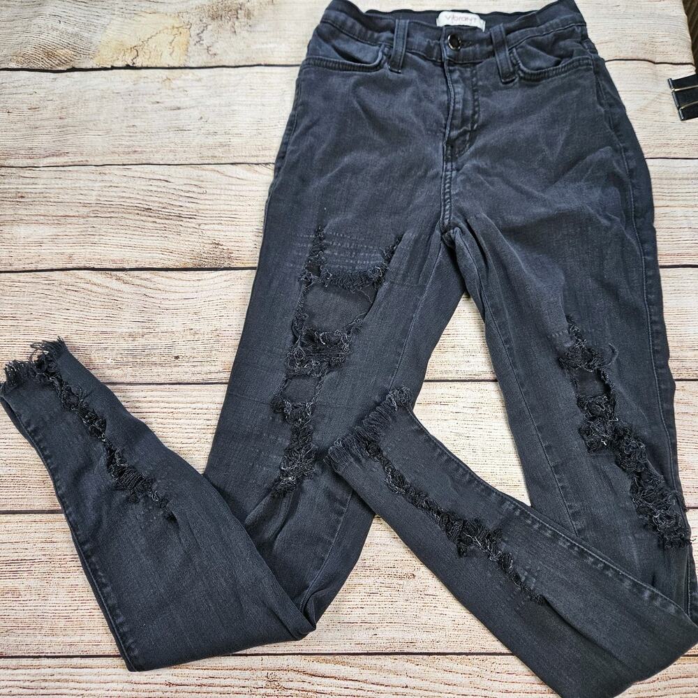 Vibrant MIU Pants Women's Size 3 Solid Black Stretch Skinny Distressed Raw Hem